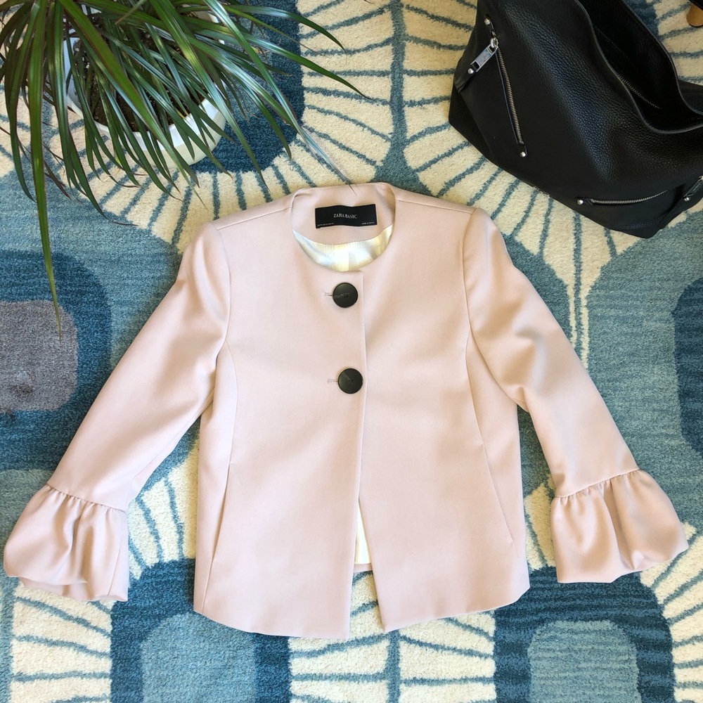 ✨ Zara Blush Ruffle-Sleeve Blazer – Elegant Minimalist Chic ✨